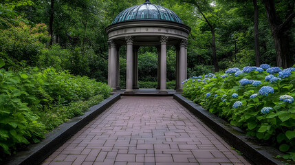 Serene garden path leading to a classical gazebo, surrounded by lush greenery and vibrant blue hydrangeas. Perfect for tranquility, peace, and nature themes.