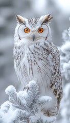 Naklejka premium Majestic snowy owl perched on a snow-covered branch, intense orange eyes.