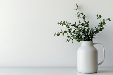 Fototapeta premium Minimalist Eucalyptus Sprigs in Ceramic Pitcher Against White Wall
