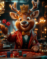 A well-dressed anthropomorphic elk wearing a red suit and a golden crown is standing at a casino table. He is enthusiastically throwing red dice, smiling widely.