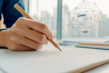 A hand holds a pencil poised over a notepad, suggesting thoughts and ideas. The backdrop displays a city skyline through a large window, enhancing the creative atmosphere
