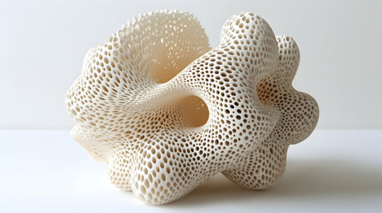 Abstract ceramic sculpture with intricate porous structure, showcasing unique design and texture.  Ideal for modern art, design, and architecture concepts.