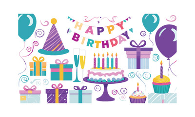 Modern vector style illustration featuring Happy Birthday elements, easily editable.