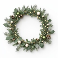 Fototapeta premium A beautiful holiday wreath decorated with pine, ornaments, and berries, perfect for festive decoration and seasonal cheer.