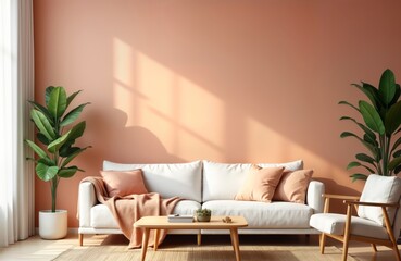 Modern living room furnished with white sofa, peachy orange accent pillows. Natural light casts shadows on peachy orange walls. Wooden coffee table, plants included. Contemporary interior design