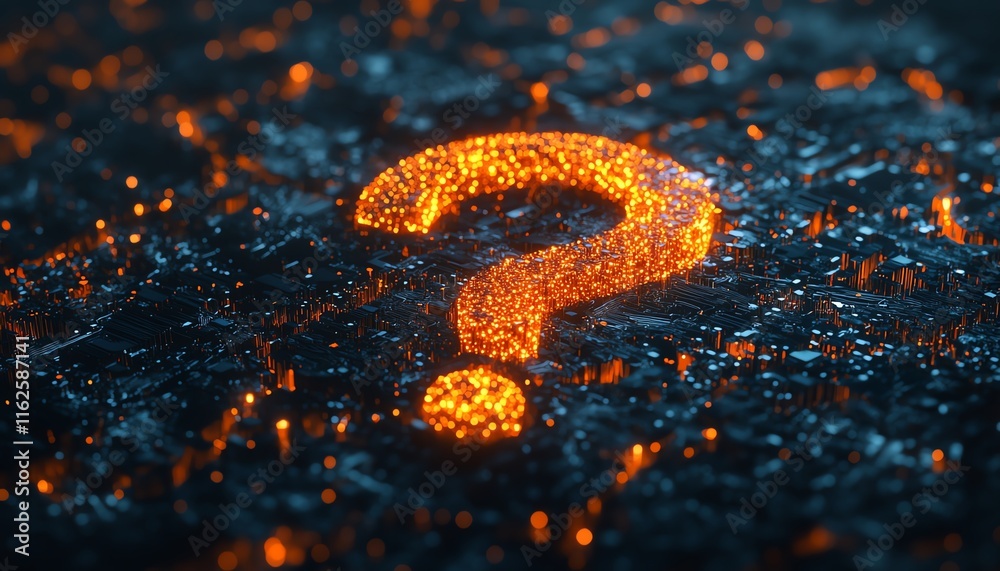 Poster a 3d rendering of a glowing question mark network illustration, with interconnected nodes and vibran