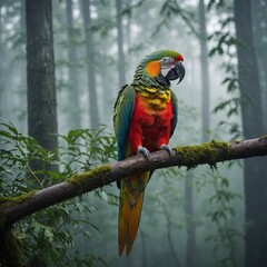 Obraz premium A colorful parrot perched on a branch surrounded by a misty forest with a blurred background.