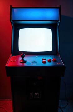 Retro arcade machine stands in dark room. Blank screen glows with blue light. Vintage tech console joystick, buttons. Nostalgic gaming device vertical image. Represents past entertainment. Dark room,