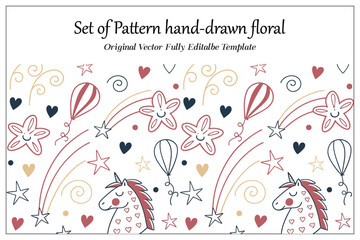 Set of Pattern hand-drawn floral template flower collection Vector illustration and seamless pattern.