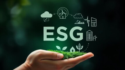 Woman holding ESG icon symbolizing environmental, social, and governance principles with renewable technology for pollution reduction and carbon emission control, ESG, pollution, woman hand