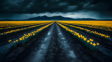 Dramatic landscape photography of a vast field of daffodils under a stormy sky, with a mountain range in the background.  Muddy tracks lead towards the mountains.