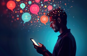 Person engrossed in phone. Social media notifications swarm overhead. Digital overload evident. Modern tech, human interaction depicted. Person looks at phone. Social media bubbles float around.