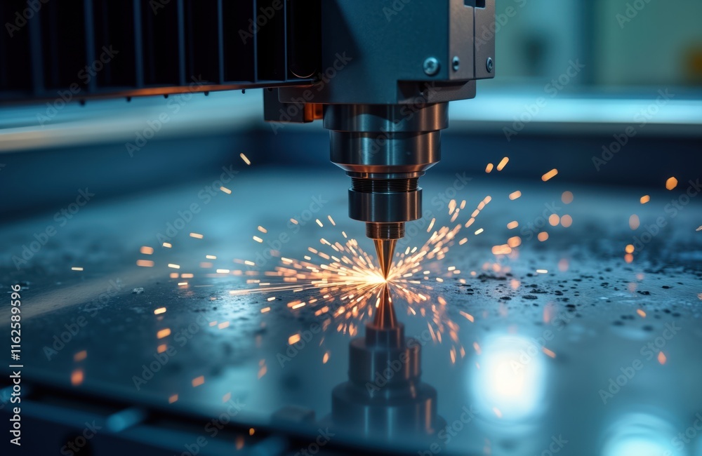 Poster automatic laser cutting machine cuts metal. sparks fly. industrial tech. high-precision metalworking