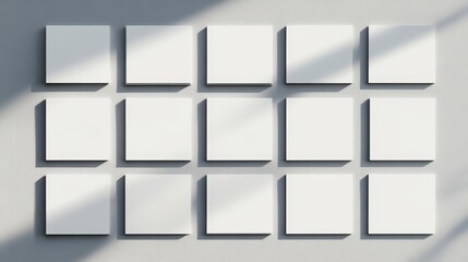 A grid of blank, square tiles arranged in a 4x4 layout, casting subtle shadows, ideal for design or presentation purposes.