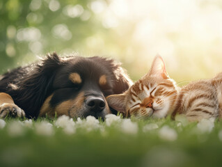 heartwarming image of rescued dog and cat peacefully sleeping together in sunny garden, showcasing their bond and tranquility