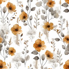 Charming seamless floral design featuring adorable wildflowers and lush leaves on white