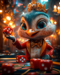 A well-dressed anthropomorphic peacock wearing a red suit and a golden crown is standing at a casino table. He is enthusiastically throwing red dice, smiling widely.