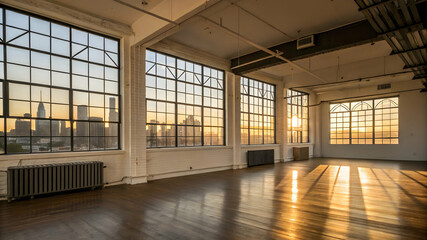 Spacious empty loft with sunlight and city skyline view