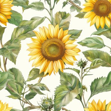 Vintage seamless pattern featuring close up sunflowers and their lush green leaves
