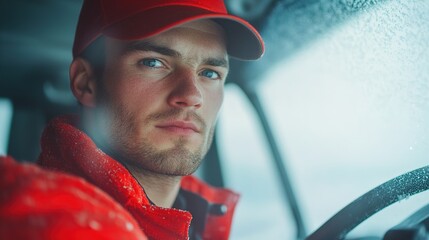 close-up of snowplow operator adjusting controls inside cab their focused expression illuminated by vehicle soft interior