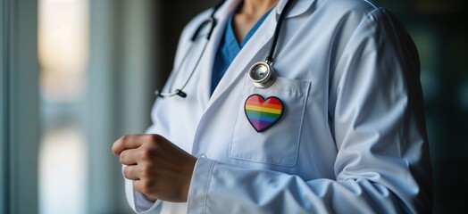 Doctor wears white coat. Stethoscope around neck. LGBTQ badge on pocket. Closeup view. Health care professional. Care, protection. Competent medic. Medical care. Pride. Inclusivity. Transgender