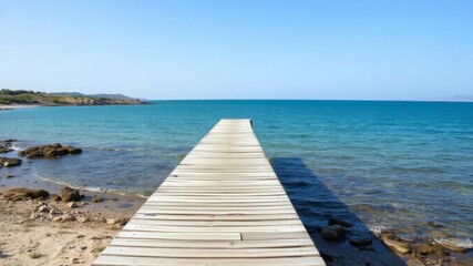 Fototapeta premium Wooden pathway leading to calm ocean under clear blue sky, outdoor, landscape, travel