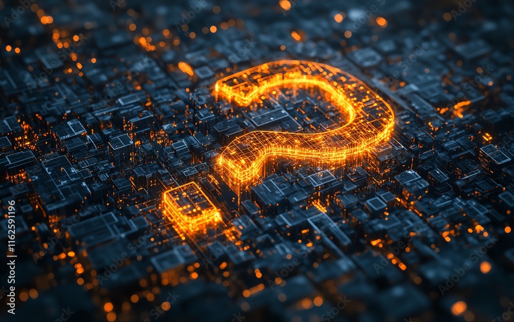 Poster a hightech 3d rendering of a question mark network, with illuminated nodes and dynamic digital conne