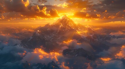 Fototapeta premium Mountain peak rises above dramatic orange clouds during a golden sunrise for editorial use.