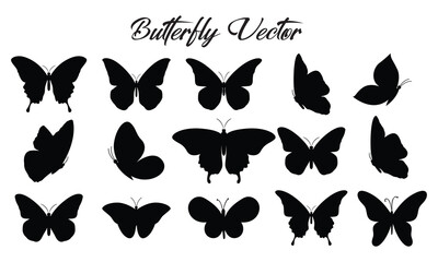 Set of silhouette black butterflies on white background. Vector