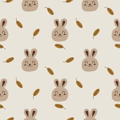 Face rabbit cartoon so cute. On leaf background. Pattern seamless vector illustration. 

