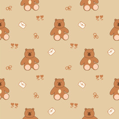 Teddy bear cartoon so cute. On flower  knot envelope brown background. Pattern seamless vector illustration. 