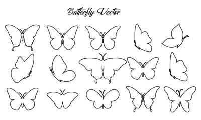 Set of black outlines of butterflies on a white background.