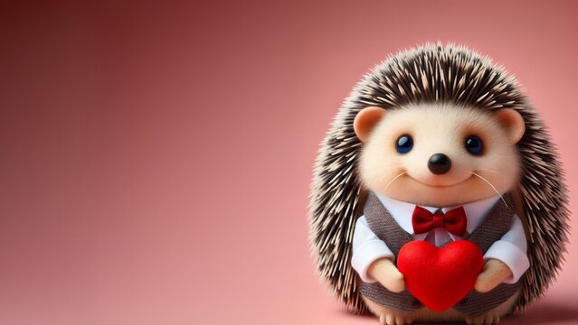 Funny animal Valentines Day, love, wedding celebration concept greeting card - Cute plush hedgehog in suit holding red heart, pink background