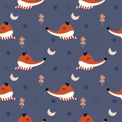 Obraz premium Face Fox and scarf cartoon so cute. On tree moon star background. Pattern seamless vector illustration. 