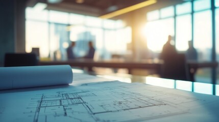Blueprints and a Blurred Cityscape