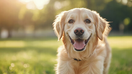happy golden retriever enjoying sunny day in park, radiating joy and warmth