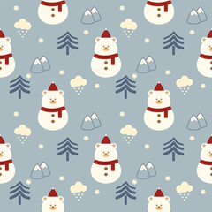 Polar bear cartoon so cute. On tree mountain cloud snow background. Pattern seamless vector illustration. 
