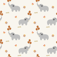 Elephant play balloon cartoon so cute. On gift bell background. Pattern seamless vector illustration. 