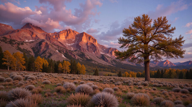 Sunset over mountain range with golden autumn foliage