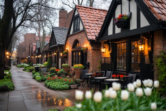 A quiet morning scene in Pella, Iowa, featuring traditional Dutch architecture and blooming tulip gardens