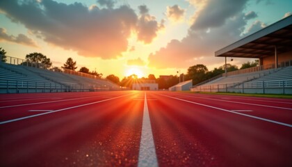 Empty athletic track at sunset. Stadium stands in background. Red running track surface shines under sunlight. Summer day in outdoors setting. Empty space gives feeling of possibility, potential.