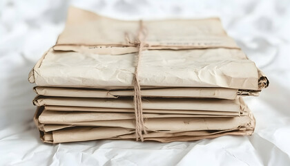 Stack of aged, tied documents; vintage papers, nostalgic feel; aged paper texture; history, memory, archive concept.