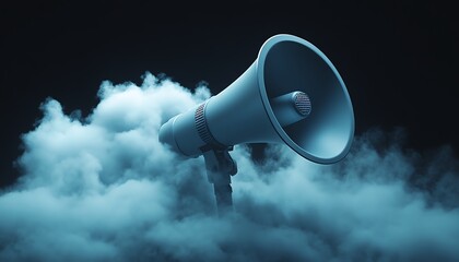 A sleek 3D rendering of a modern megaphone surrounded by dynamic, fluffy clouds against a dramatic dark background, perfect for marketing campaigns