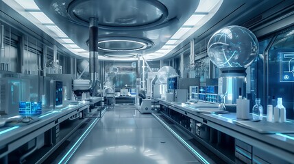 High-tech conference room with interactive digital screens, a futuristic table, and ambient lighting.