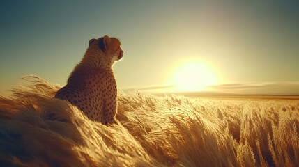 Majestic cheetah silhouetted against a breathtaking sunset, perched amidst tall, golden grasses. A symbol of wild beauty and serene landscapes.