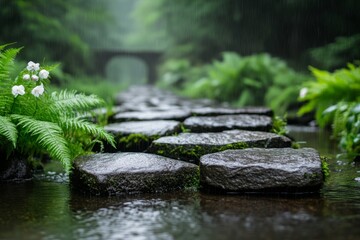 Naklejka premium A rustic stone bridge spanning a gentle Irish stream, surrounded by ferns and moss-covered rocks