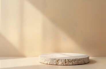 Beige background features round stone podium. Natural stone pedestal for product presentation. Soft shadows enhance trendy aesthetic. Ideal for cosmetics, jewelry, skincare products. Minimalist style