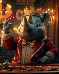 A well-dressed anthropomorphic Rhinoceros wearing a red suit and a golden crown is standing at a casino table. He is enthusiastically throwing red dice, smiling widely.