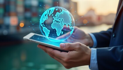 Businessman uses tablet displaying digital global logistics hologram. Hologram shows interconnected globe network. Modern tech for global communication, logistics. Close up hands on device. Possible
