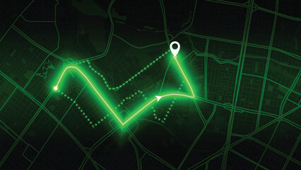 green neon GPS road map of Bogota with the arrow that moves to the point of destination